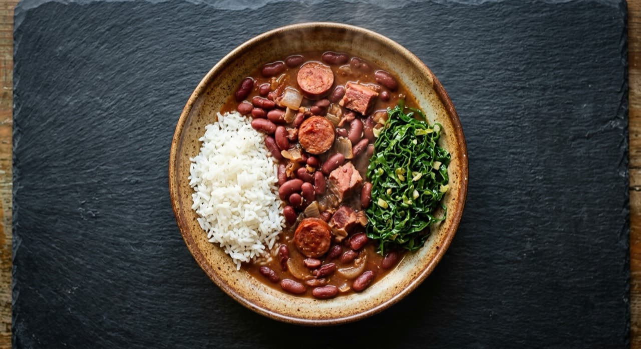 Feijoada com enchidos, arroz branco e couve salteada num prato rústico.