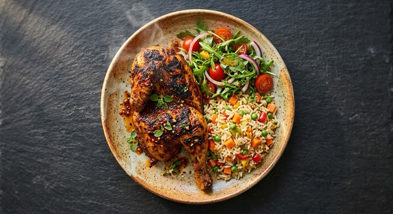 Meio frango grelhado na brasa com arroz de legumes e salada fresca.
