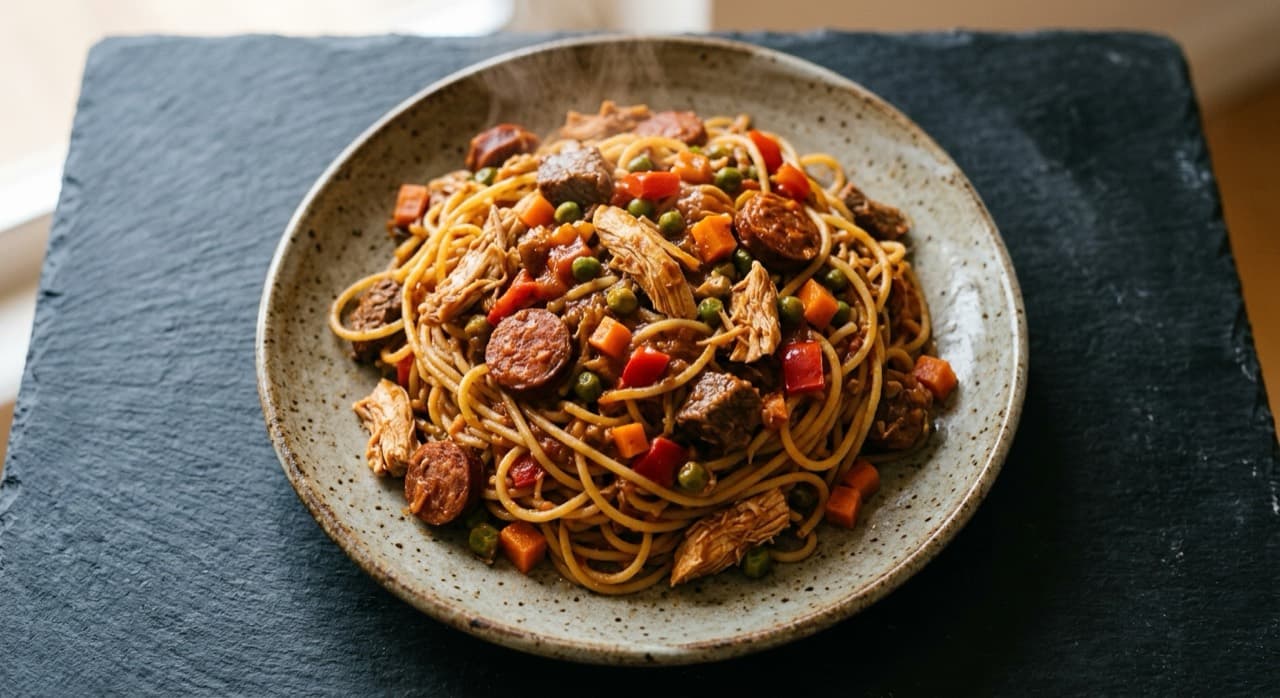 Esparguete refogado com frango, carne, chouriço e legumes num prato fundo.