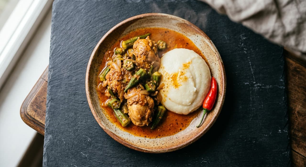 Muamba de galinha com quiabo e funge, servida num prato de barro.
