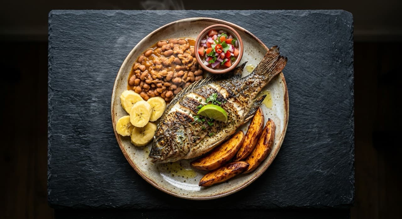 Mufete de cacusso: peixe grelhado com banana-pão, batata-doce, feijão e molho cru.